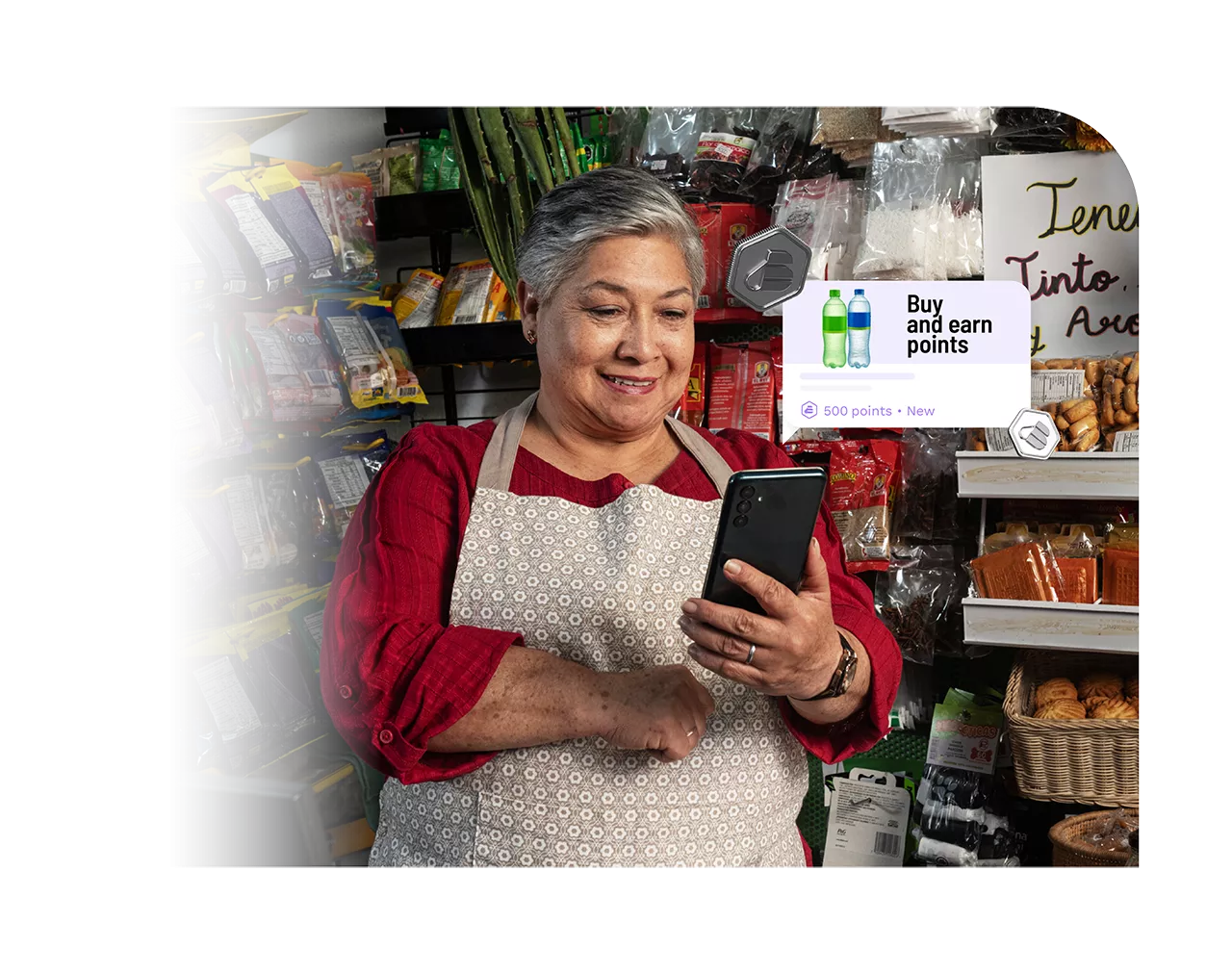 A woman using a phone to shop product that allows her to buy and earn points.