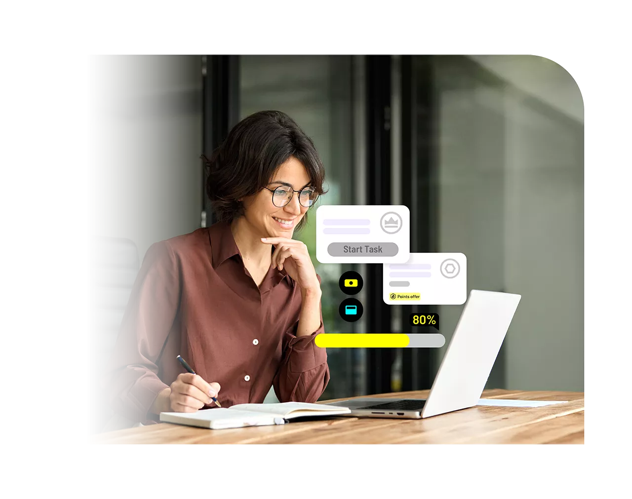 A woman using a laptop for work.