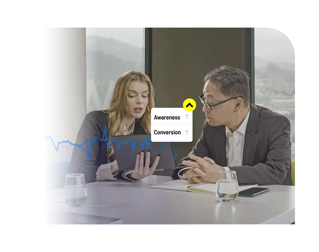 Two people discussing awareness and conversion rates.