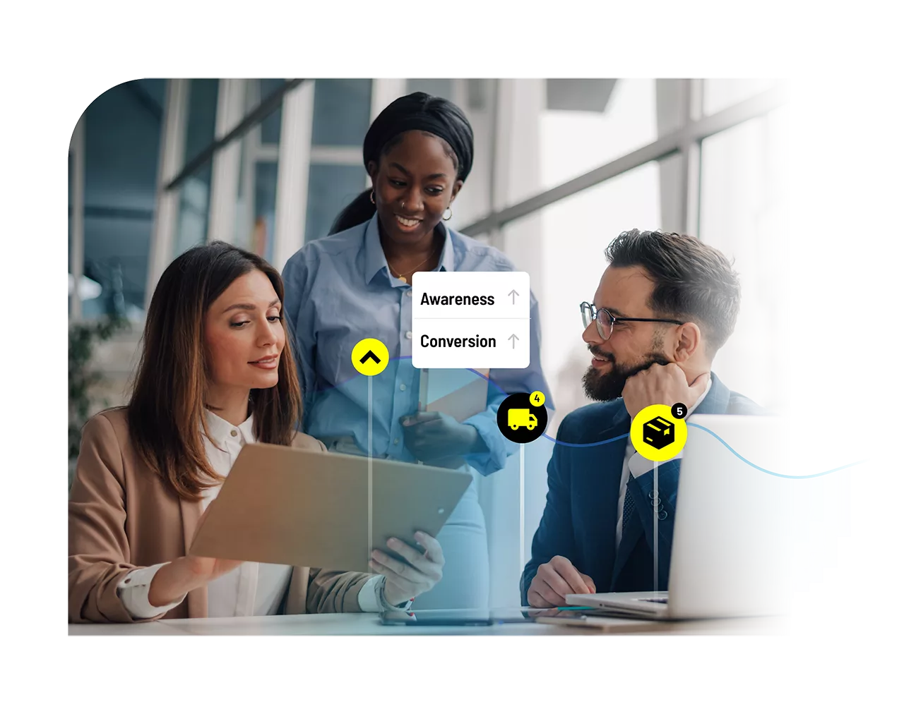Three people reviewing awareness and conversion rates.