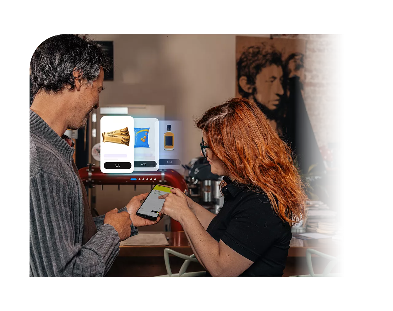 Two people browsing through products on a phone.