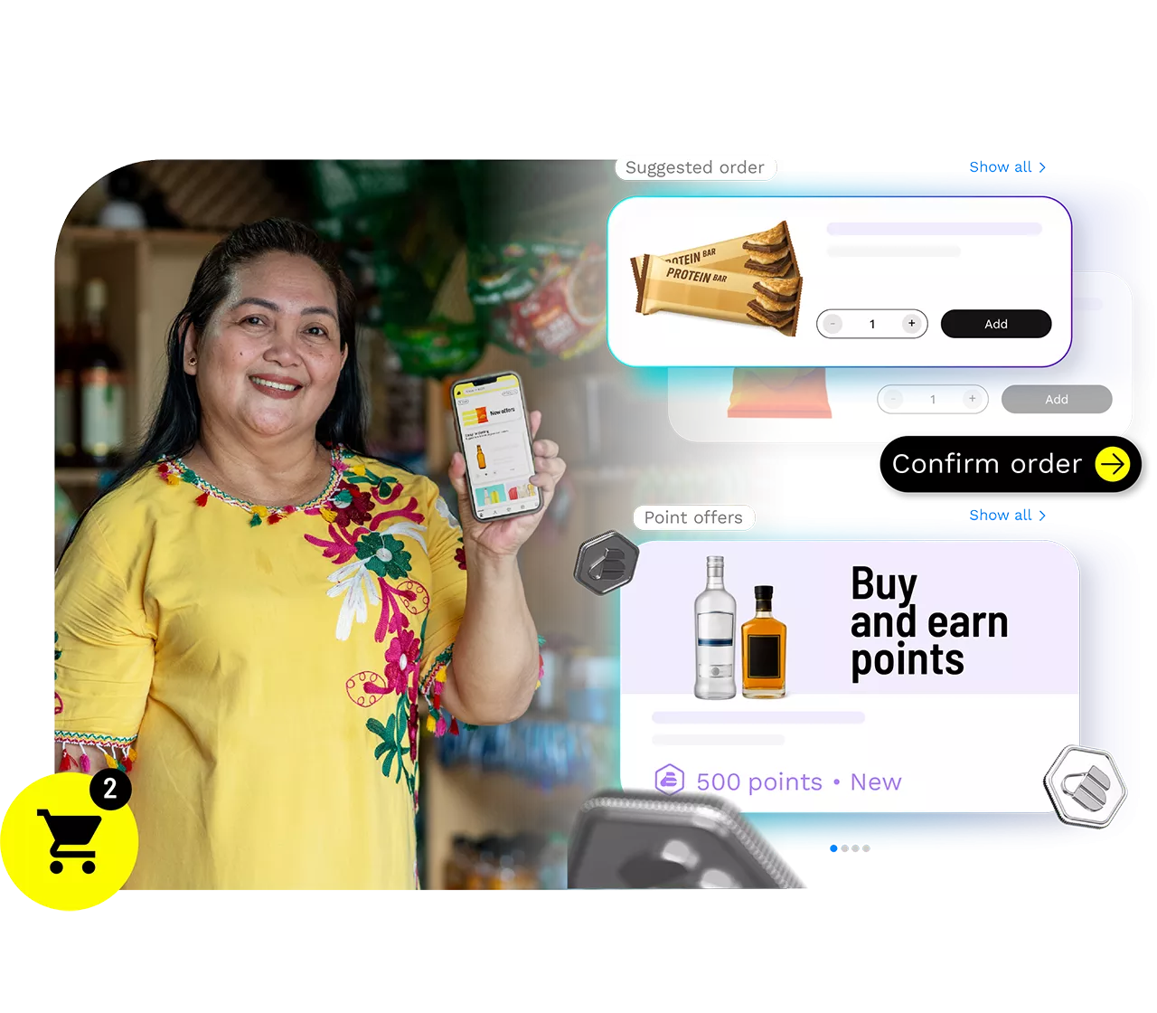 A woman holding a phone to show her online shopping experience.