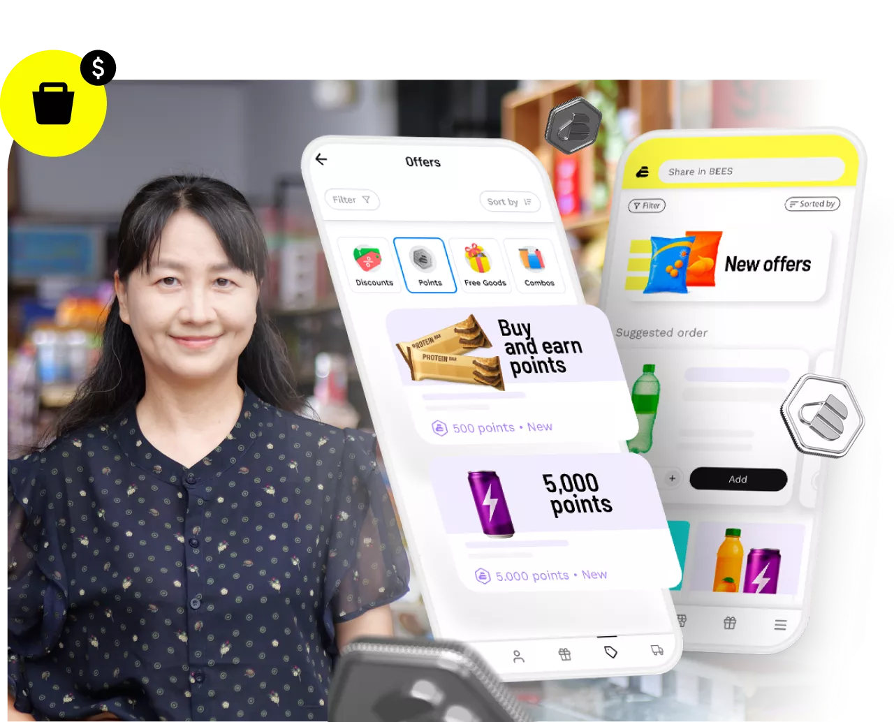 A woman alongside graphics of phone screens showing e-commerce platforms.