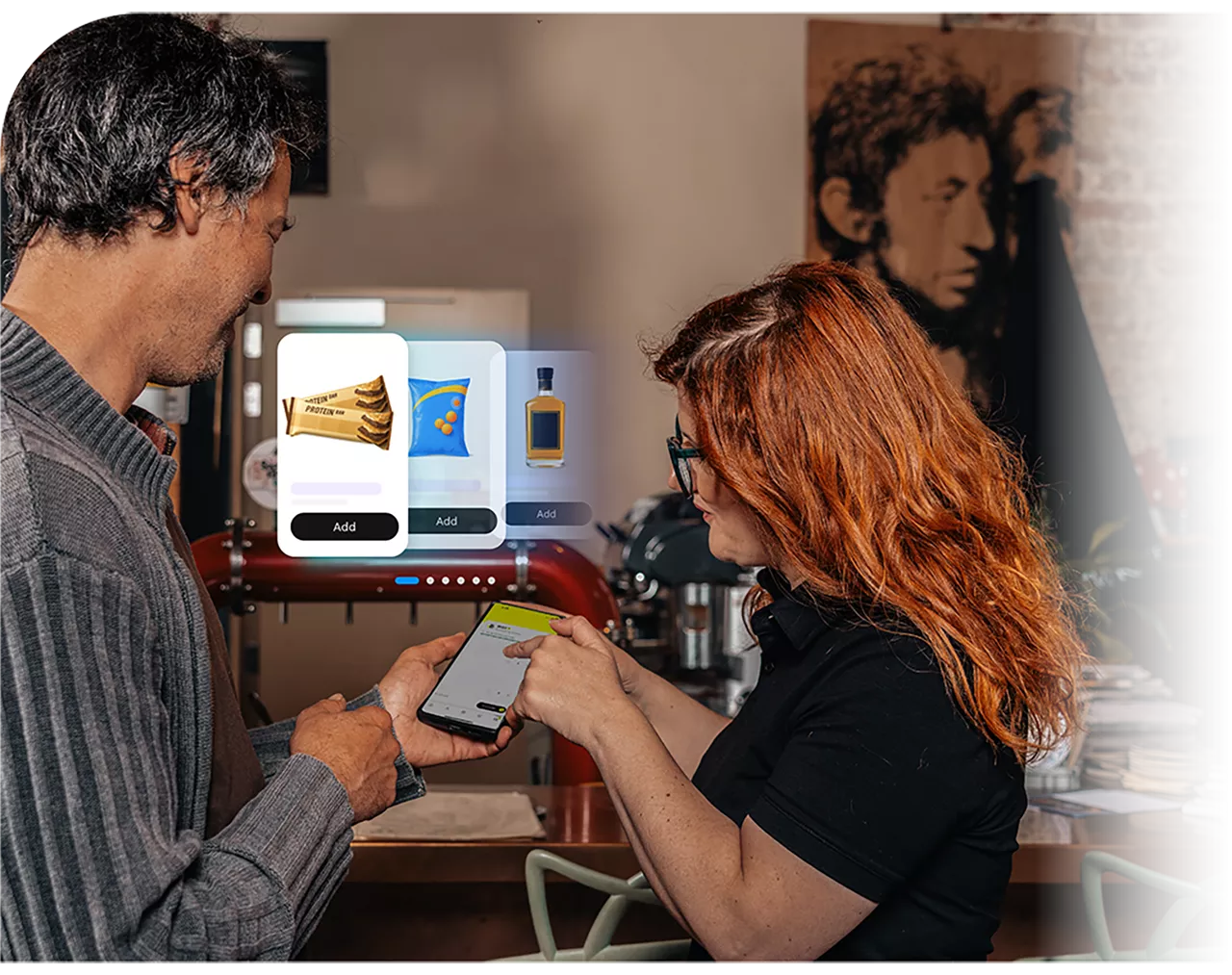 A man and a woman looking at a phone together showing a commerce platform.