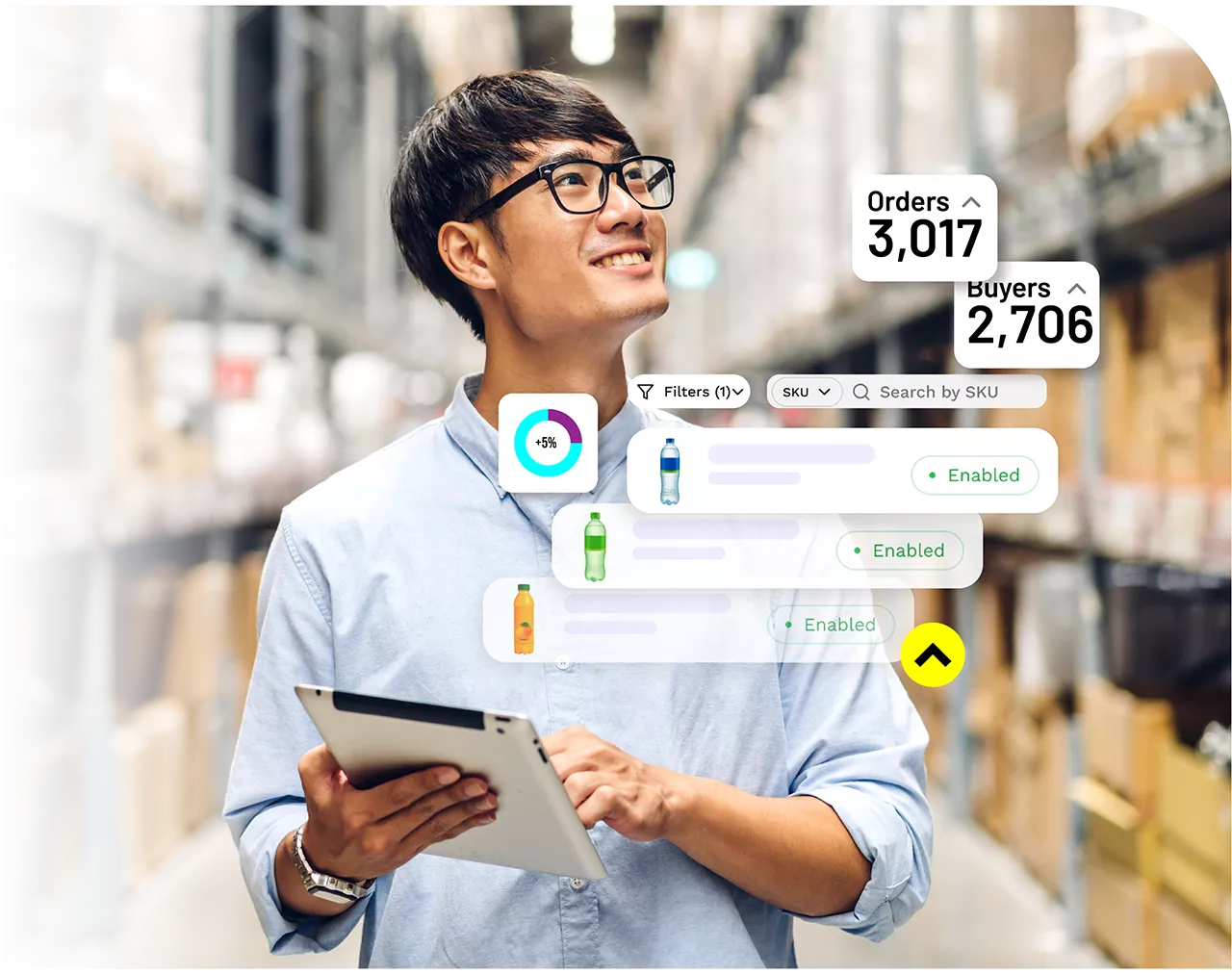 A person reviewing items at a warehouse using a tablet.