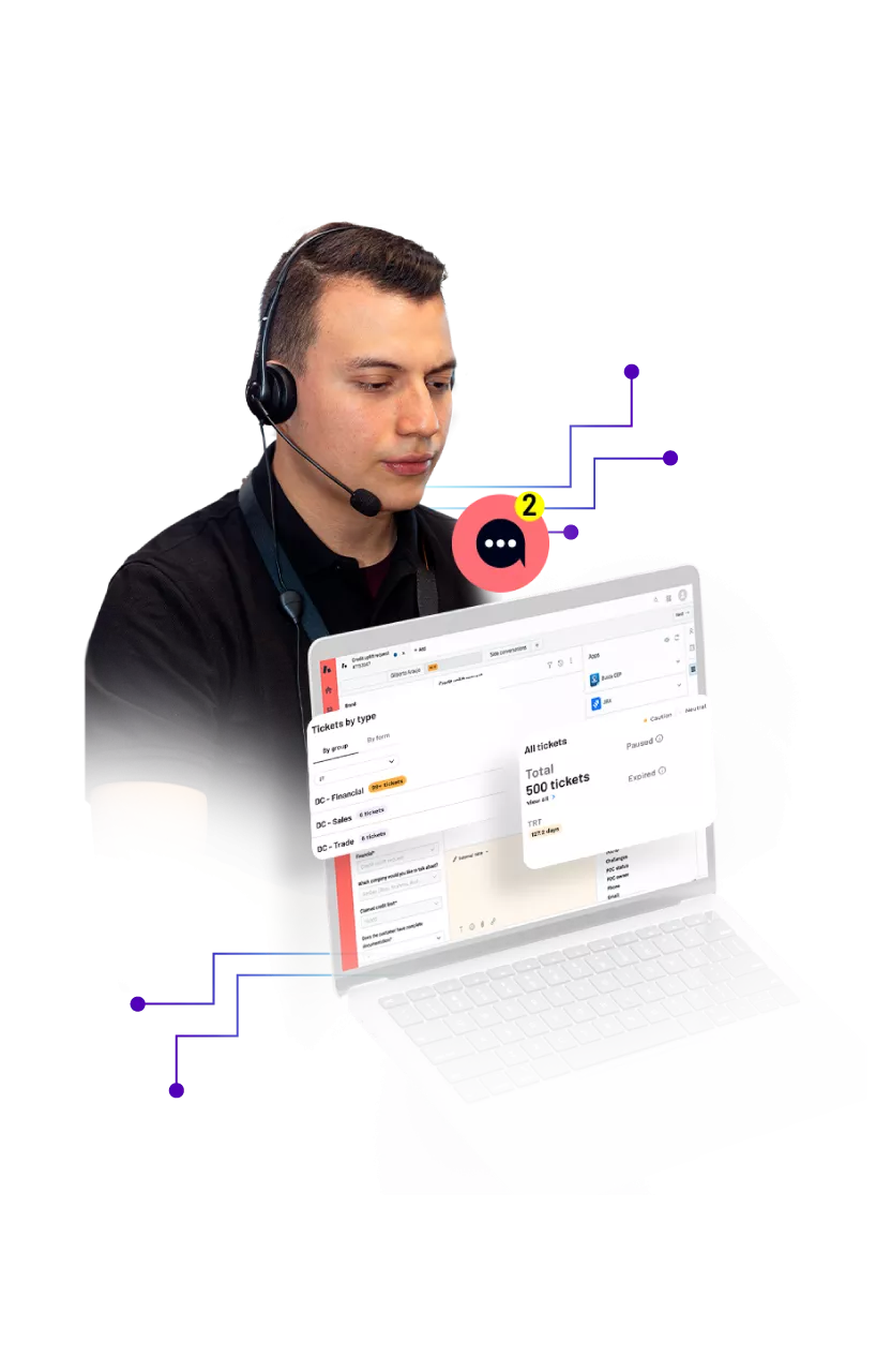 A man wearing a headset alongside a graphic of a screen.