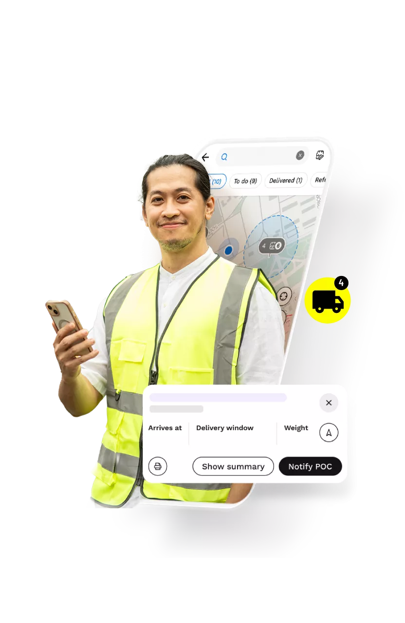 A delivery man alongside a graphic showing delivery tracking.