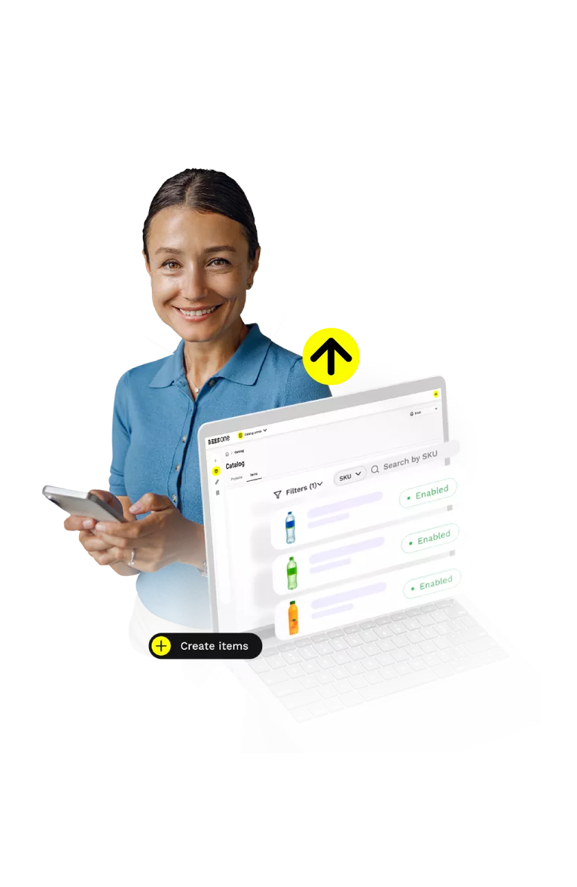 A woman holding a phone alongside a graphic of a computer screen showing a e-commerce system.