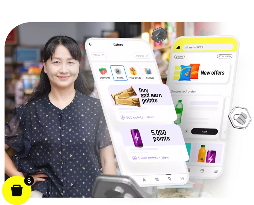 A woman alongside graphics of an e-commerce platform on mobile.